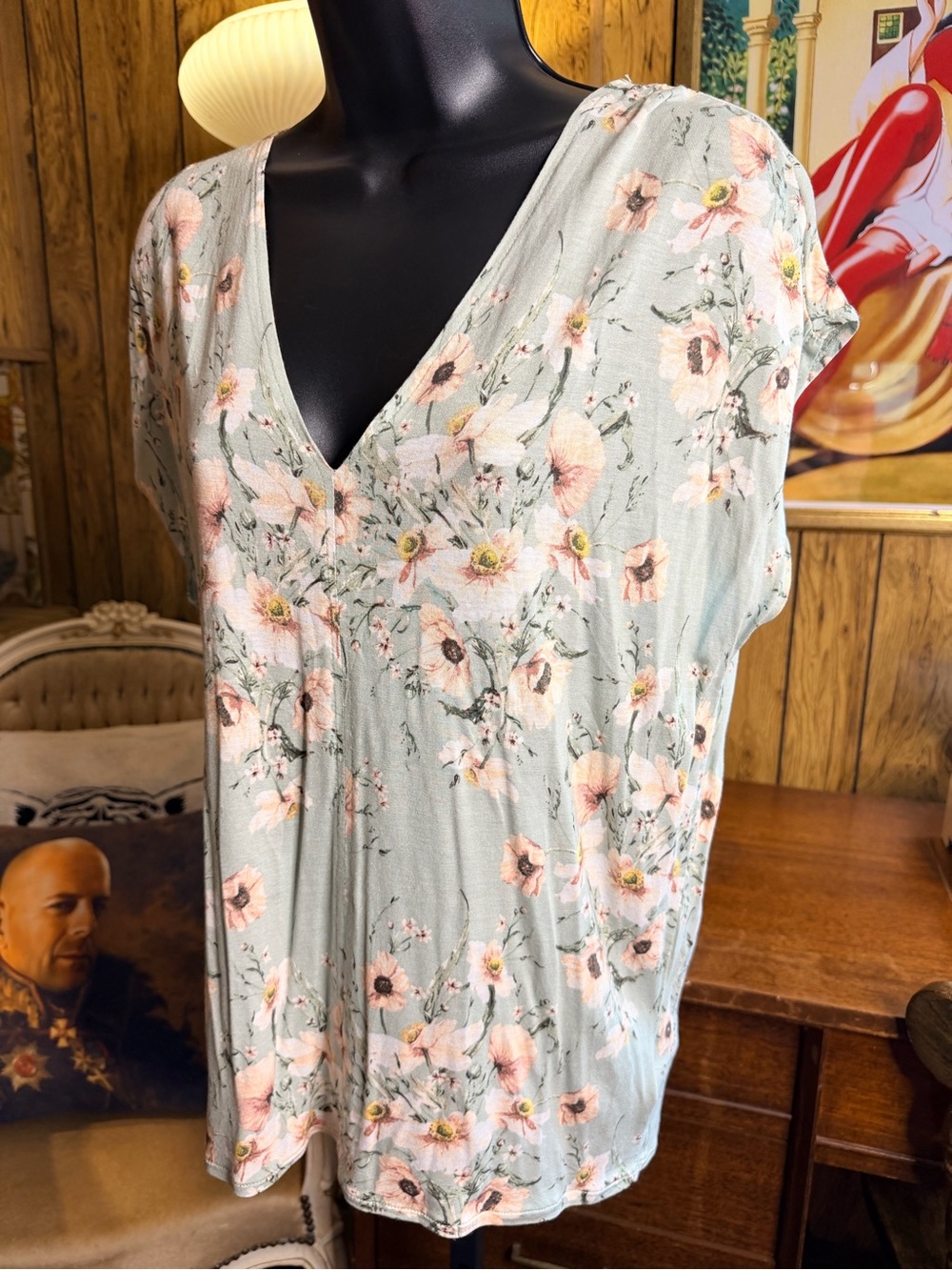H&M Sage Floral Soft & Stretchy V-Neck Blouse
